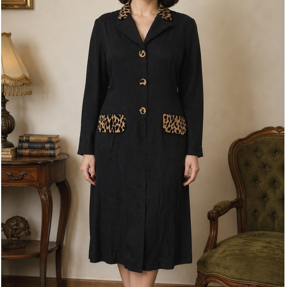 Petite Vintage 90s Black Leopard Print Midi Dress Mob Wife Office Siren Size 12